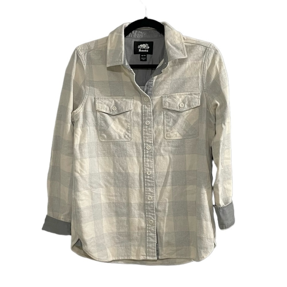 ROOTS Canada Flannel Buffalo Check Button Down Shirt Elbow Patches Grey Cream XS
